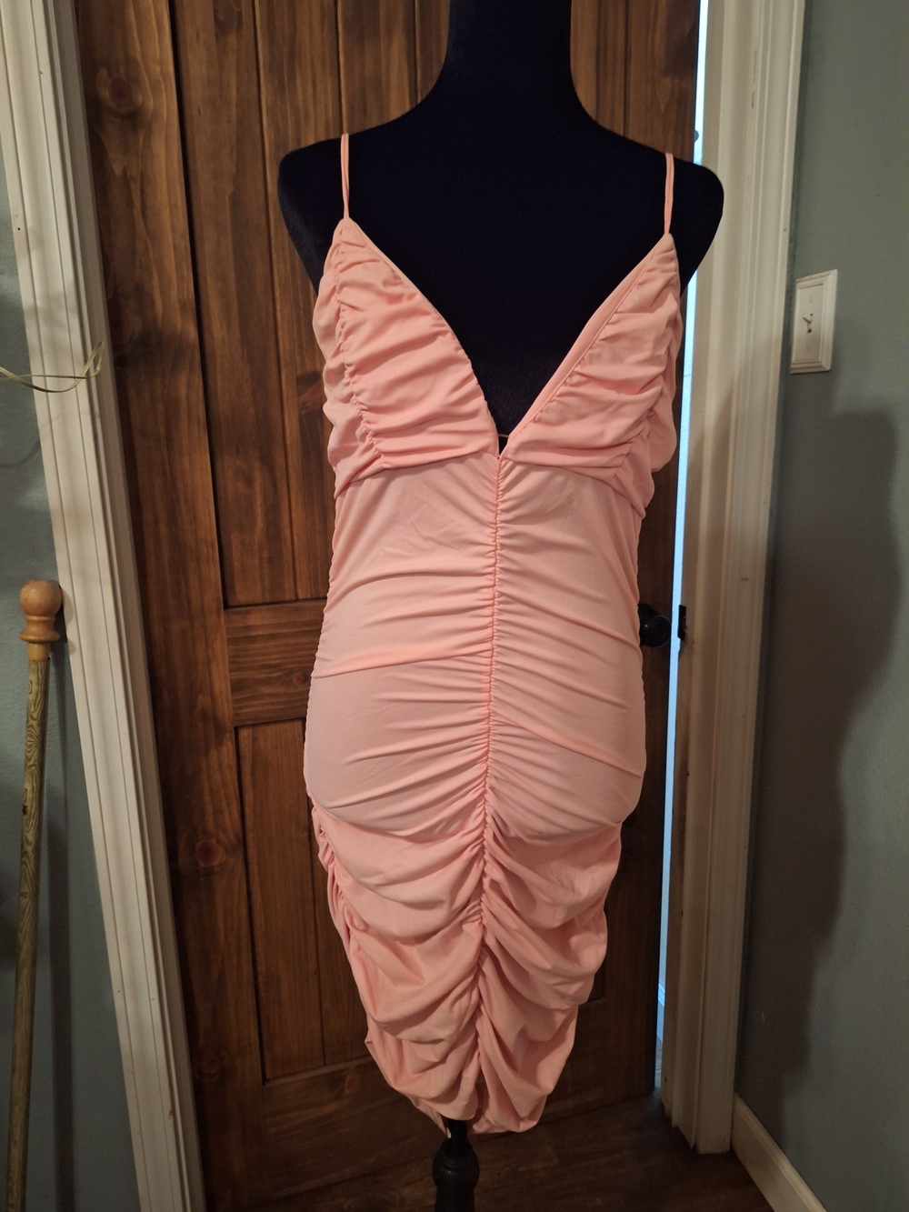 Papaya Light Pink Ruched V-Neck Spaghetti Strap Mini Dress
